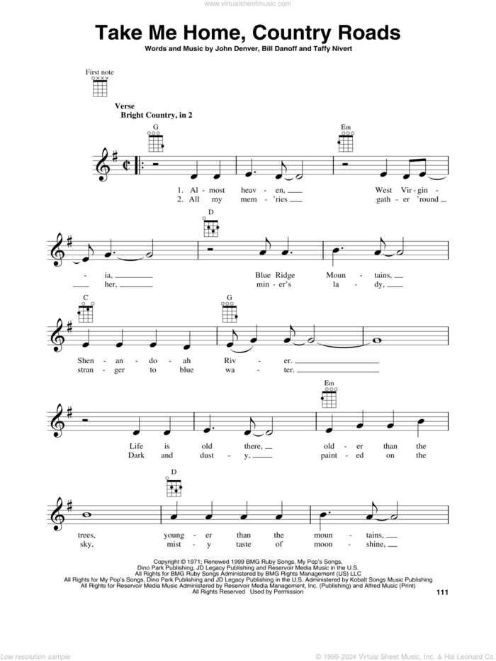 Take Me Home, Country Roads sheet music for baritone ukulele solo by John Denver, Bill Danoff and Taffy Nivert, intermediate skill level