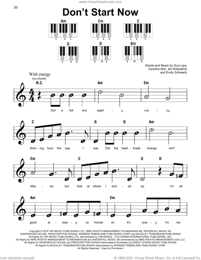 Don't Start Now sheet music for piano solo by Dua Lipa, Caroline Ailin, Emily Schwartz and Ian Kirkpatrick, beginner skill level