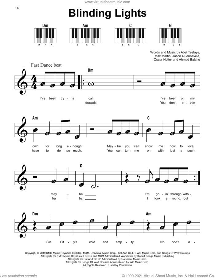 Blinding Lights sheet music for piano solo by The Weeknd, Abel Tesfaye, Ahmad Balshe, Jason Quenneville, Max Martin and Oscar Holter, beginner skill level