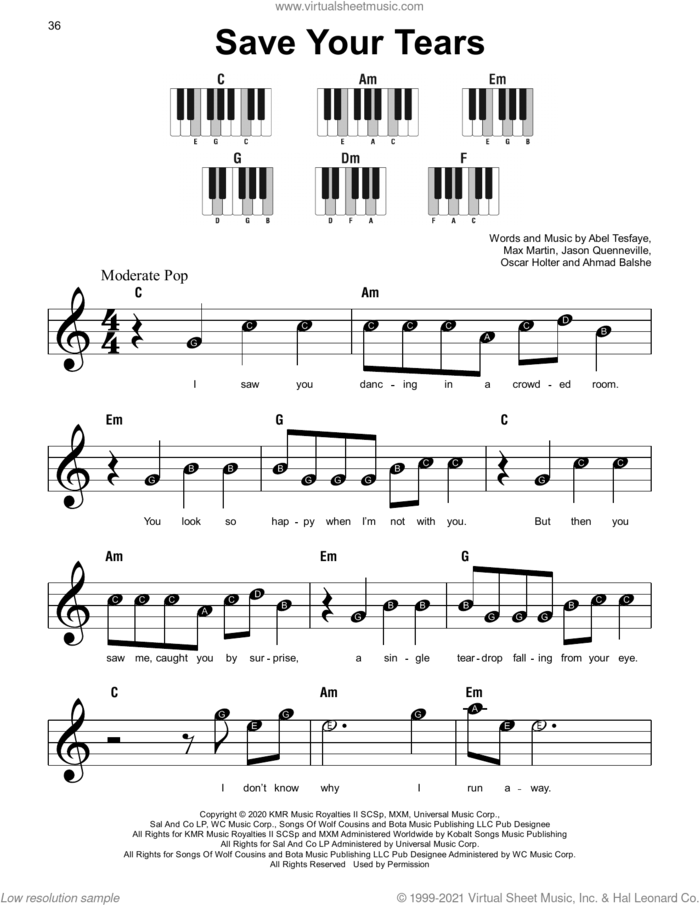Save Your Tears, (beginner) sheet music for piano solo by The Weeknd, Abel Tesfaye, Ahmad Balshe, Jason Quenneville, Max Martin and Oscar Holter, beginner skill level