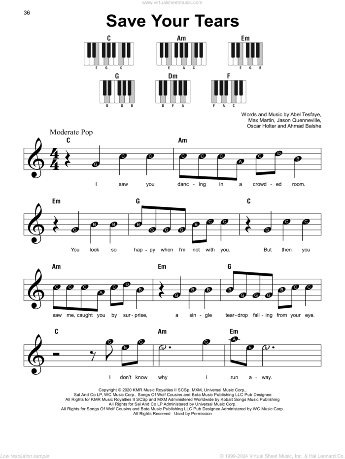 Save Your Tears, (beginner) sheet music for piano solo by The Weeknd, Abel Tesfaye, Ahmad Balshe, Jason Quenneville, Max Martin and Oscar Holter, beginner skill level