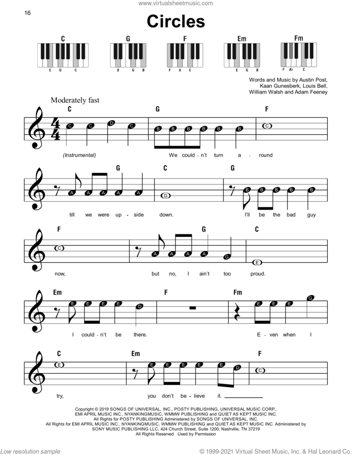 Circles, (beginner) sheet music for piano solo by Post Malone, Adam Feeney, Austin Post, Kaan Gunesberk, Louis Bell and William Walsh, beginner skill level