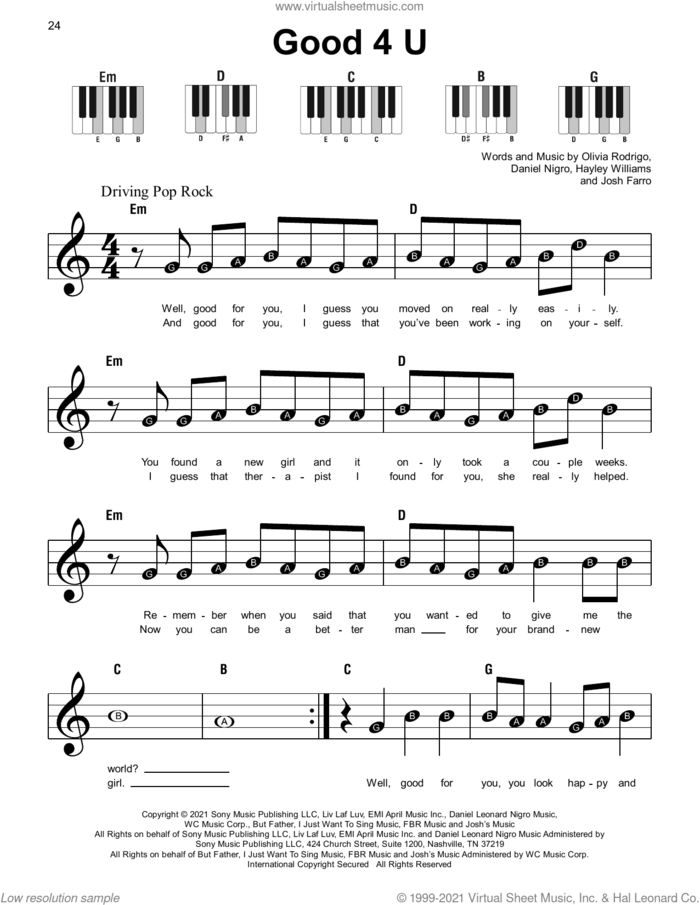 good 4 u, (beginner) sheet music for piano solo by Olivia Rodrigo, Daniel Nigro, Hayley Williams and Josh Farro, beginner skill level