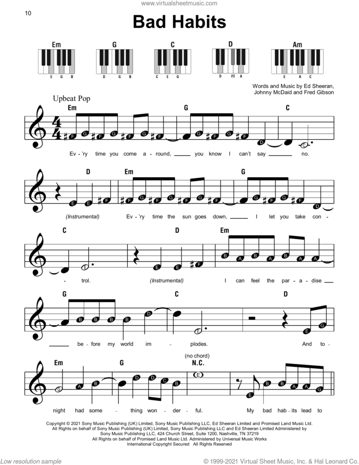 Bad Habits, (beginner) sheet music for piano solo by Ed Sheeran, Fred Gibson and Johnny McDaid, beginner skill level