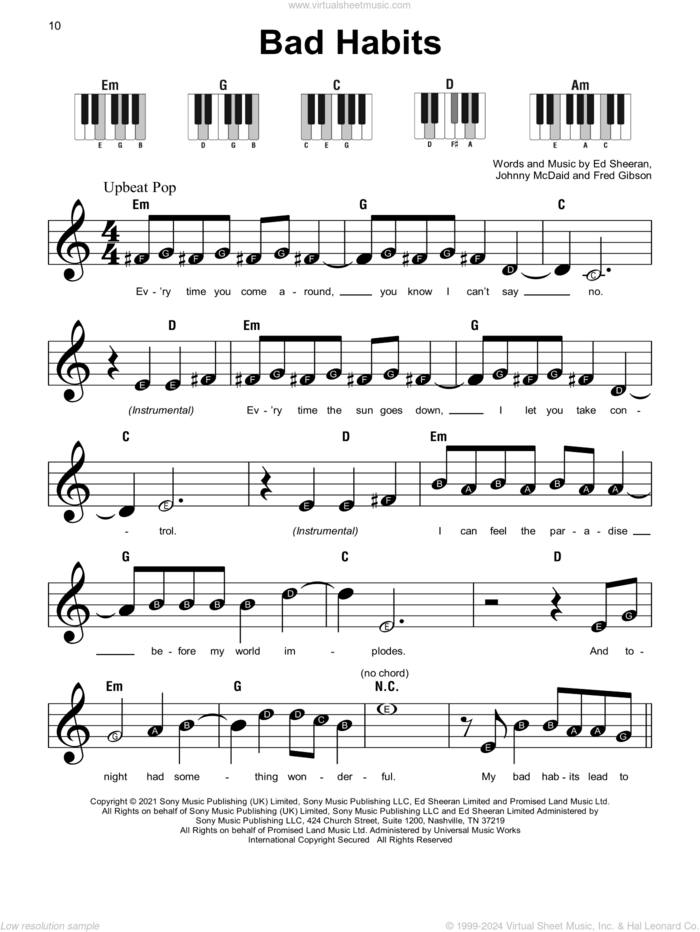 Bad Habits sheet music for piano solo by Ed Sheeran, Fred Gibson and Johnny McDaid, beginner skill level
