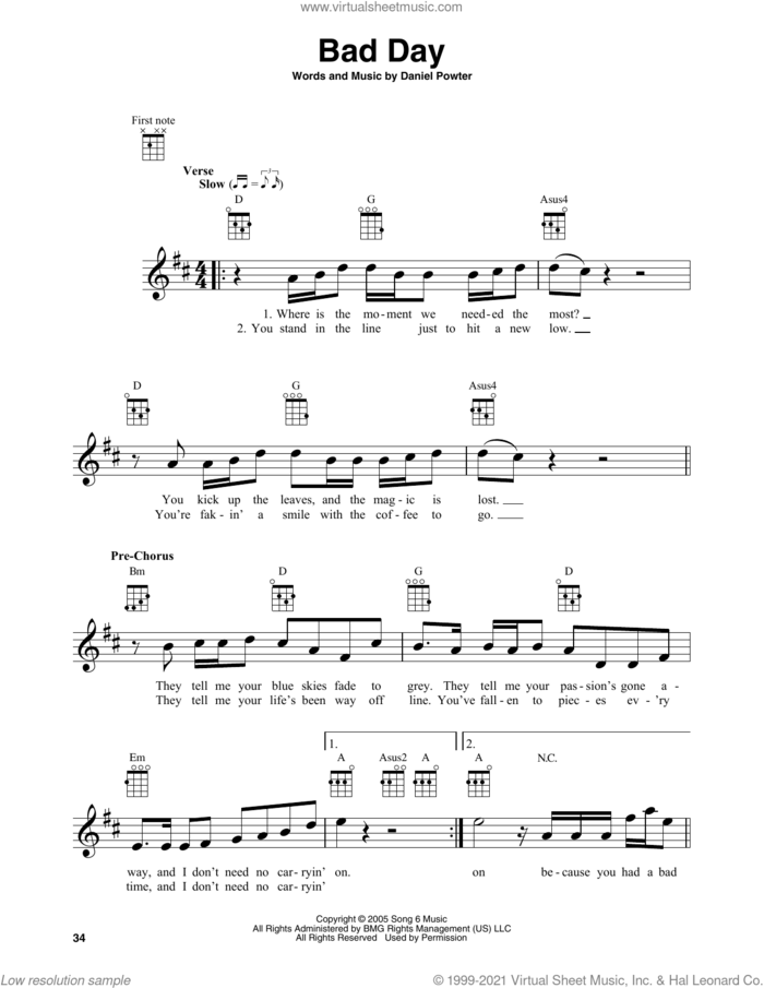 Bad Day sheet music for baritone ukulele solo by Daniel Powter, intermediate skill level