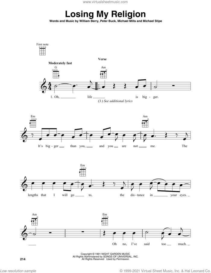 Losing My Religion sheet music for baritone ukulele solo by R.E.M., Michael Stipe, Mike Mills, Peter Buck and William Berry, intermediate skill level