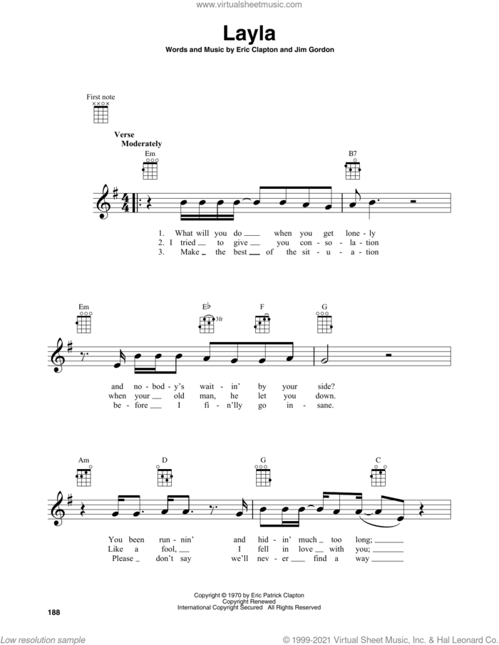 Layla sheet music for baritone ukulele solo by Derek And The Dominos, Eric Clapton and Jim Gordon, intermediate skill level