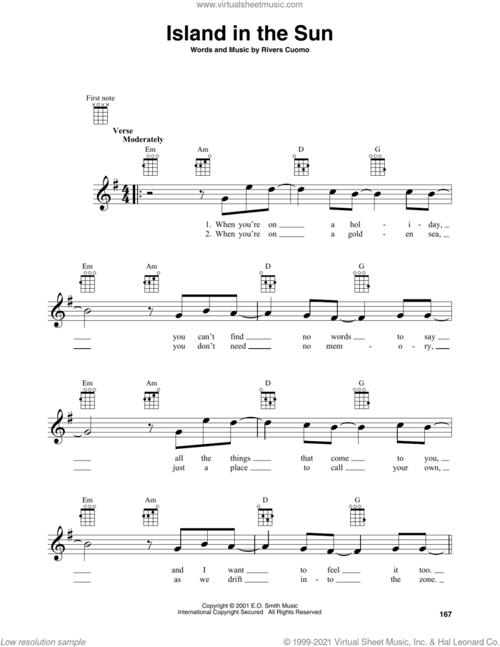 Island In The Sun sheet music for baritone ukulele solo by Weezer and Rivers Cuomo, intermediate skill level