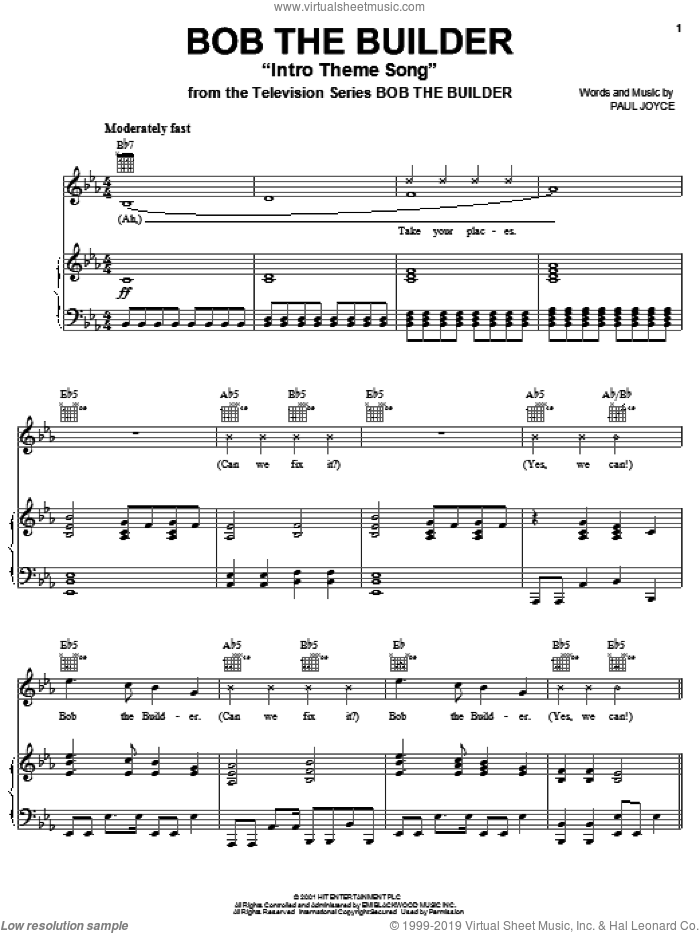 Bob The Builder 'Intro Theme Song' sheet music for voice, piano or guitar by Paul Joyce, intermediate skill level