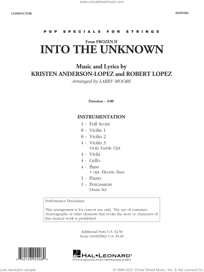 Into the Unknown (from Frozen) (arr. Larry Moore) (COMPLETE) sheet music for orchestra by Robert Lopez, Kristen Anderson-Lopez, Kristen Anderson-Lopez & Robert Lopez and Larry Moore, intermediate skill level