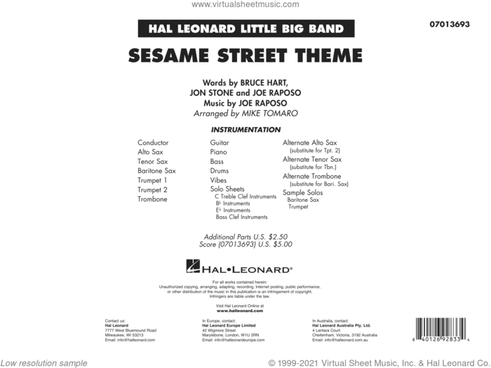 Sesame Street Theme (arr. Mike Tomaro) (COMPLETE) sheet music for jazz band by Joe Raposo, Bruce Hart, Jon Stone and Mike Tomaro, intermediate skill level