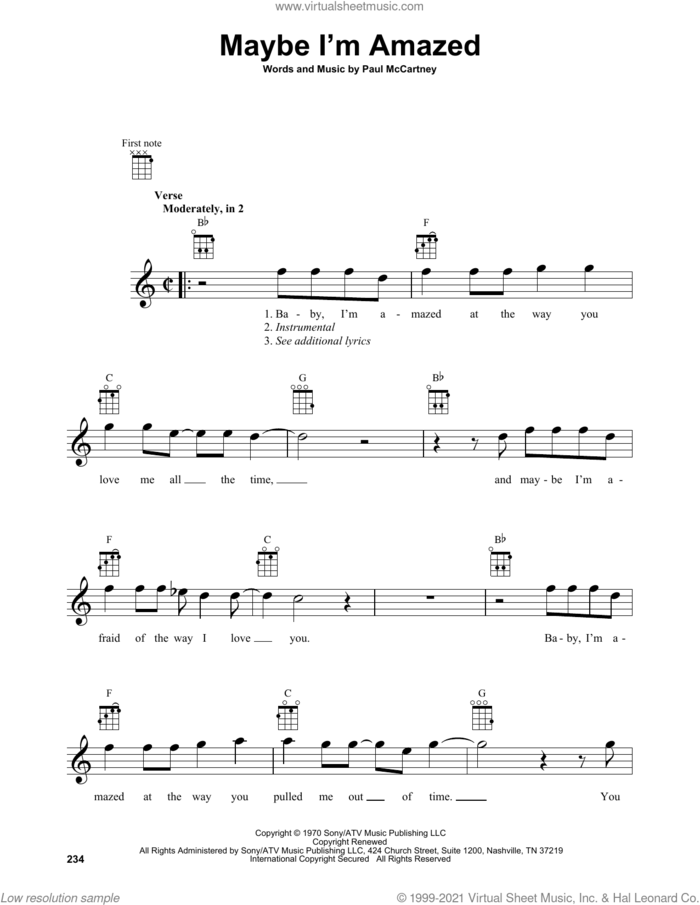 Maybe I'm Amazed sheet music for baritone ukulele solo by Paul McCartney, intermediate skill level