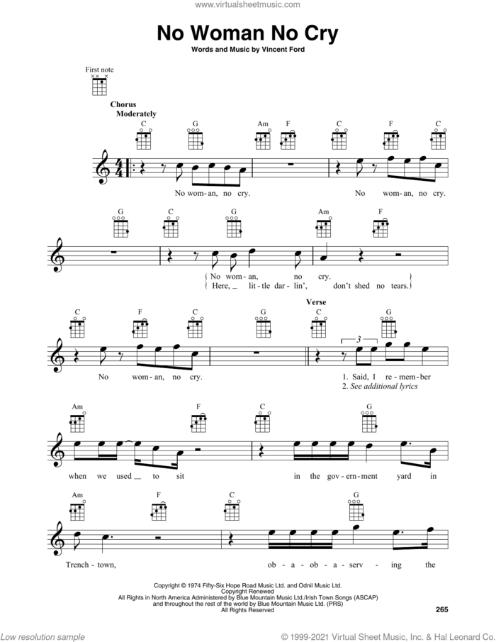 No Woman No Cry sheet music for baritone ukulele solo by Bob Marley and Vincent Ford, intermediate skill level