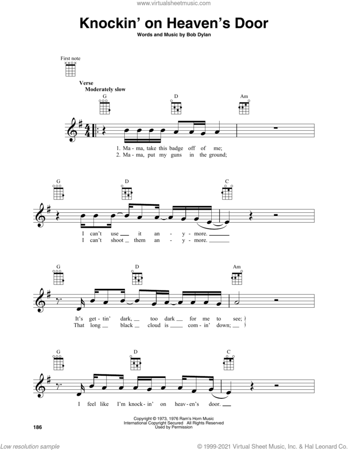 Knockin' On Heaven's Door sheet music for baritone ukulele solo by Bob Dylan, intermediate skill level