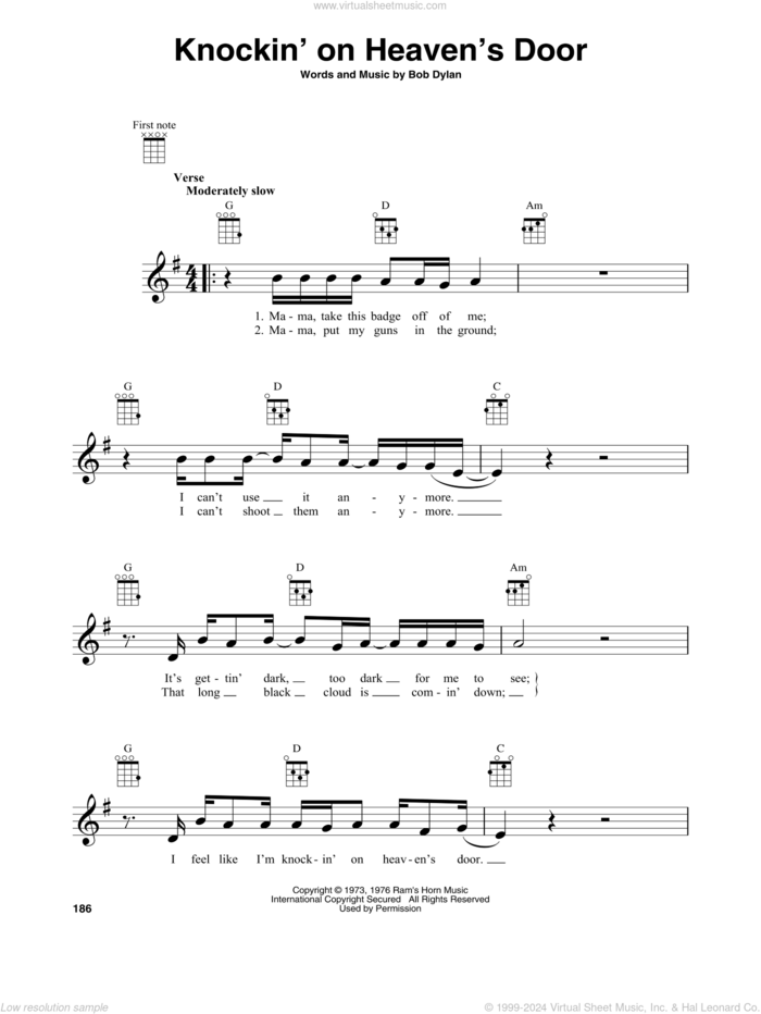 Knockin' On Heaven's Door sheet music for baritone ukulele solo by Bob Dylan, intermediate skill level