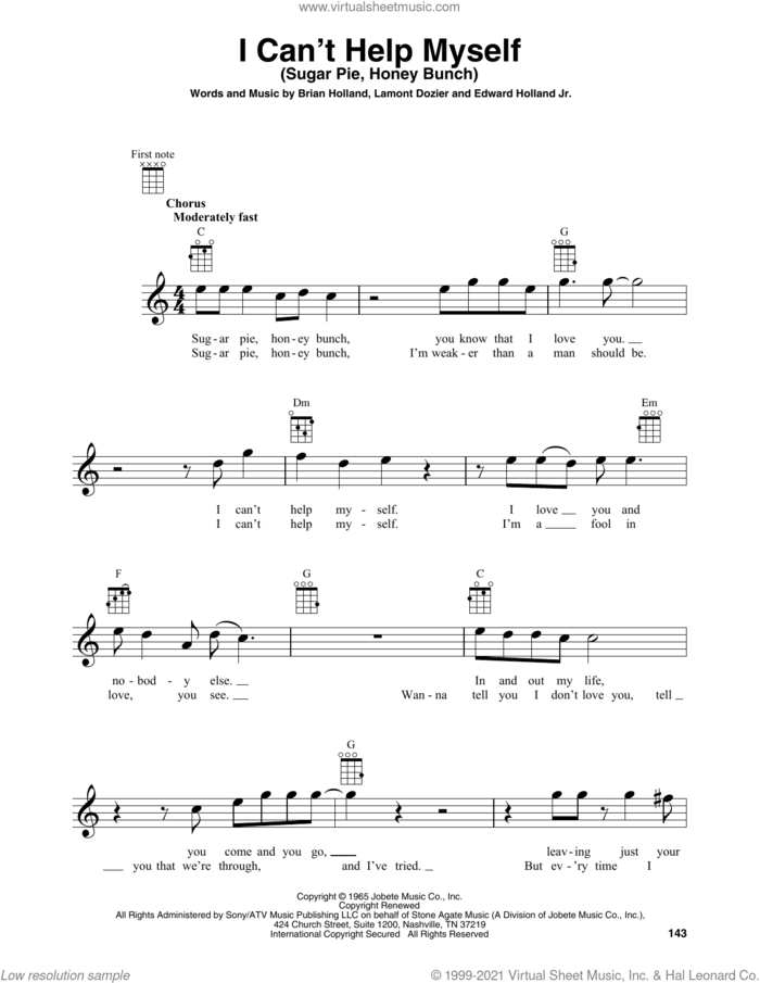 I Can't Help Myself (Sugar Pie, Honey Bunch) sheet music for baritone ukulele solo by The Four Tops, Brian Holland, Edward Holland Jr. and Lamont Dozier, intermediate skill level