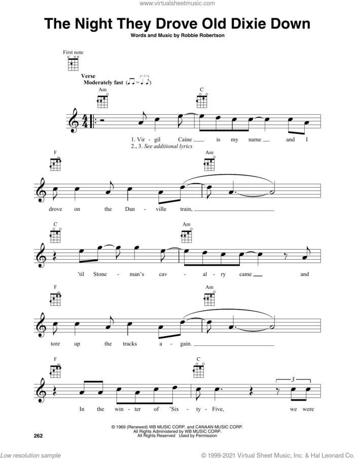 The Night They Drove Old Dixie Down sheet music for baritone ukulele solo by The Band, Joan Baez and Robbie Robertson, intermediate skill level