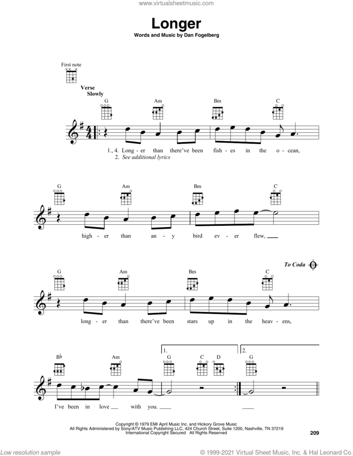 Longer sheet music for baritone ukulele solo by Dan Fogelberg, intermediate skill level