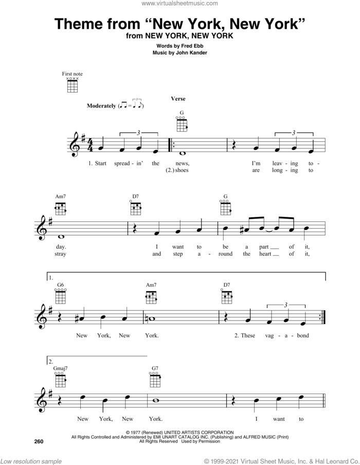 Theme From 'New York, New York' sheet music for baritone ukulele solo by Frank Sinatra, Fred Ebb and John Kander, intermediate skill level