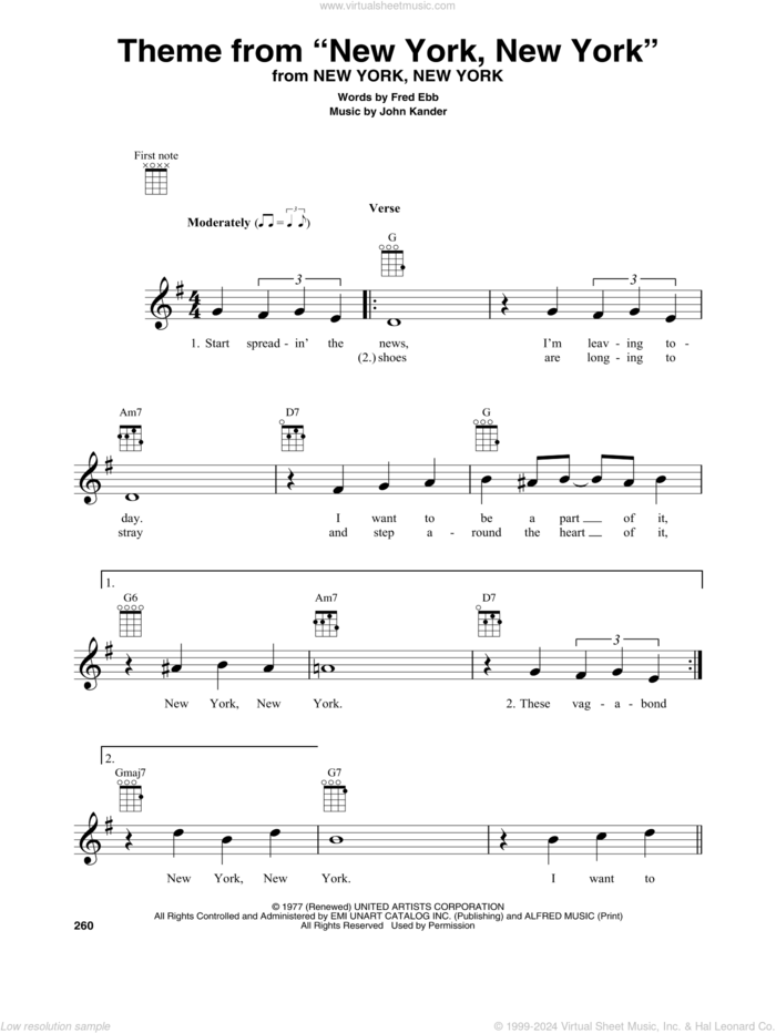 Theme From 'New York, New York' sheet music for baritone ukulele solo by Frank Sinatra, Fred Ebb and John Kander, intermediate skill level