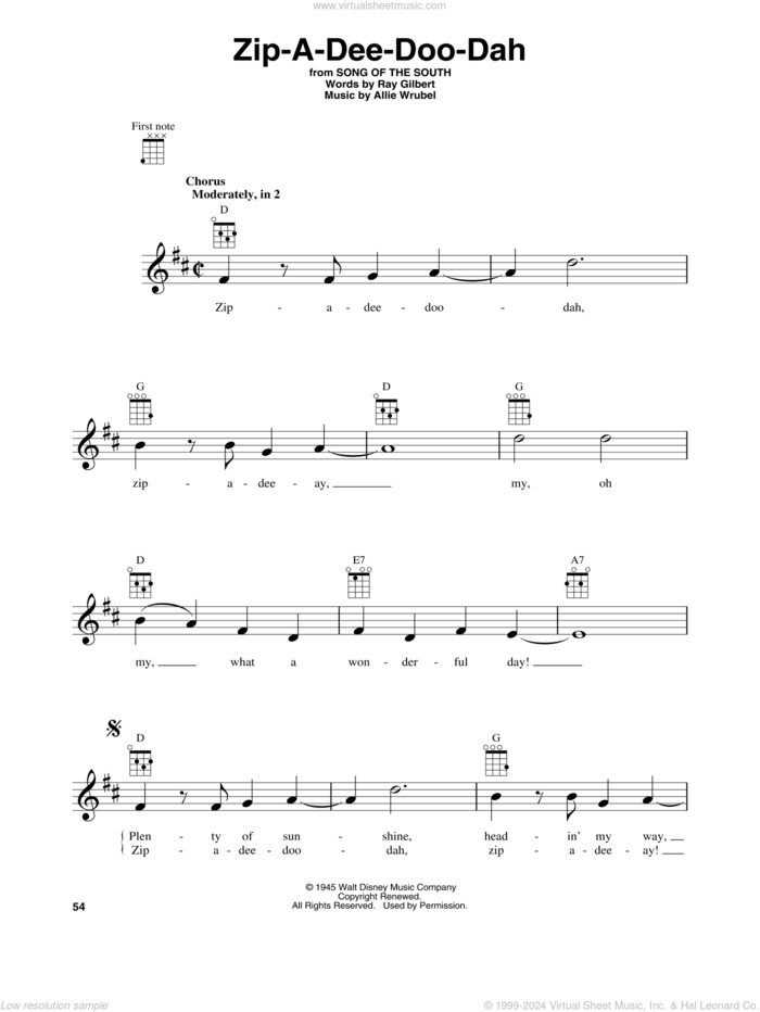 Zip-A-Dee-Doo-Dah (from Song Of The South) sheet music for baritone ukulele solo by Ray Gilbert, James Baskett and Allie Wrubel, intermediate skill level