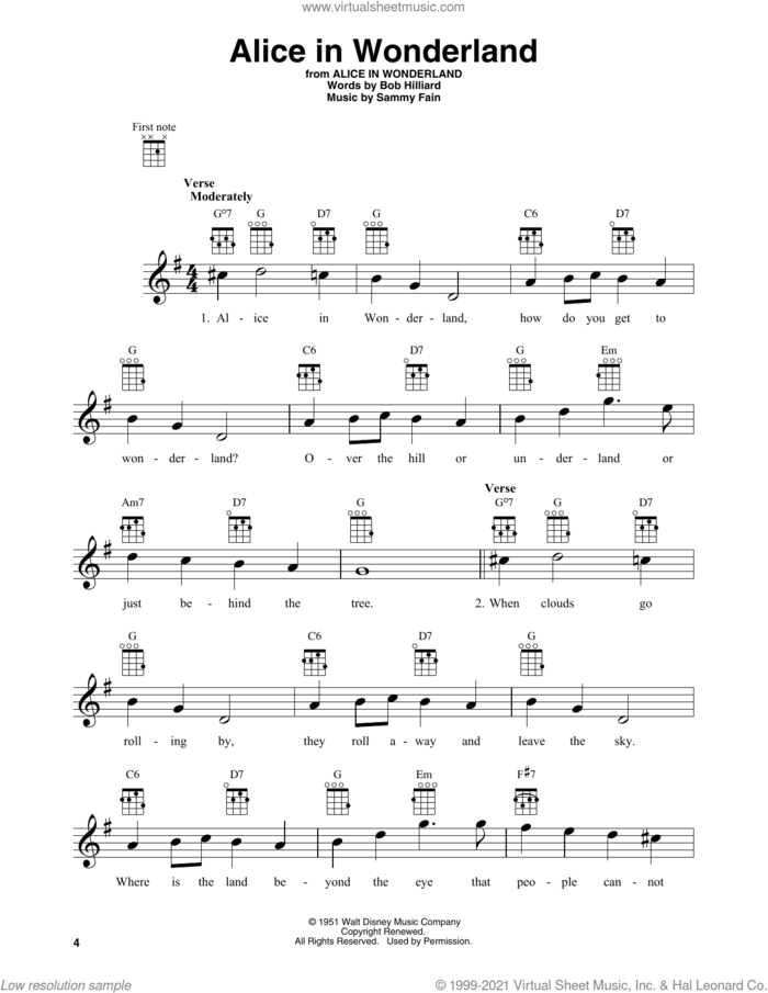 Alice In Wonderland sheet music for baritone ukulele solo by Bill Evans, Bob Hilliard and Sammy Fain, intermediate skill level