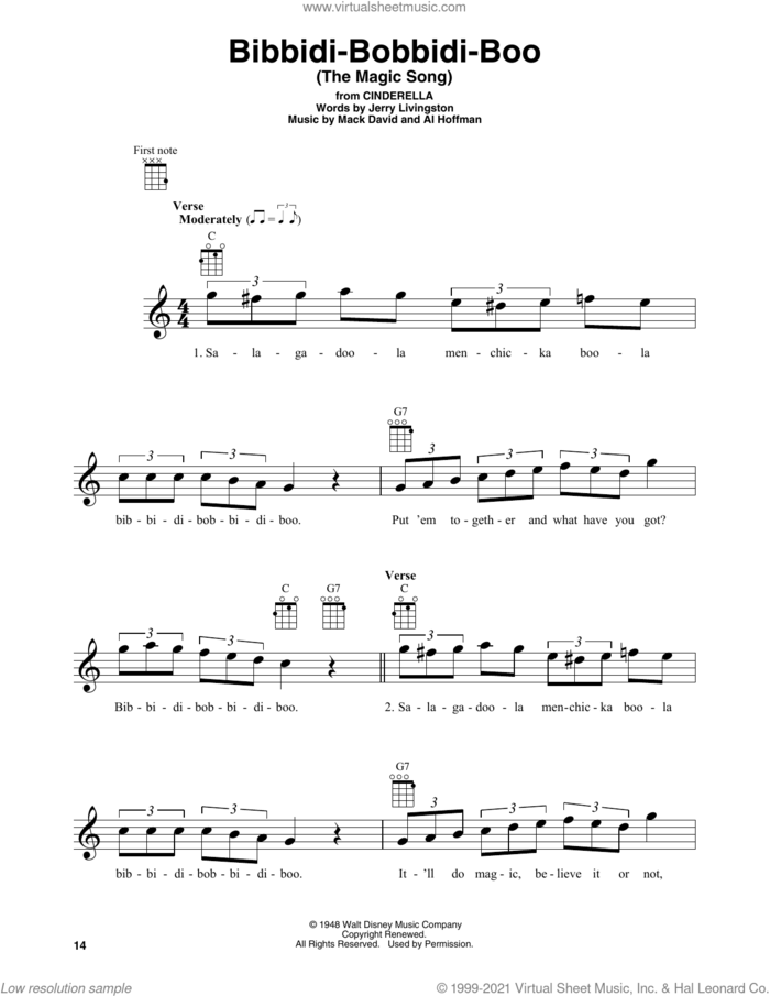 Bibbidi-Bobbidi-Boo (The Magic Song) (from Cinderella) sheet music for baritone ukulele solo by Verna Felton, Al Hoffman, Jerry Livingston and Mack David, intermediate skill level