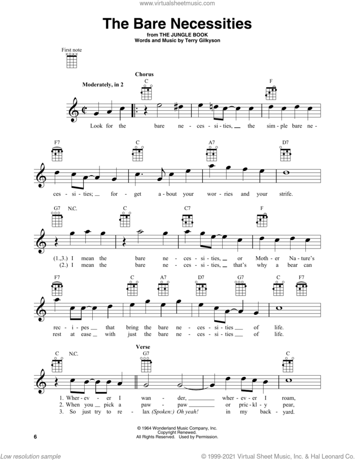 The Bare Necessities (from Disney's The Jungle Book) sheet music for baritone ukulele solo by Terry Gilkyson, intermediate skill level