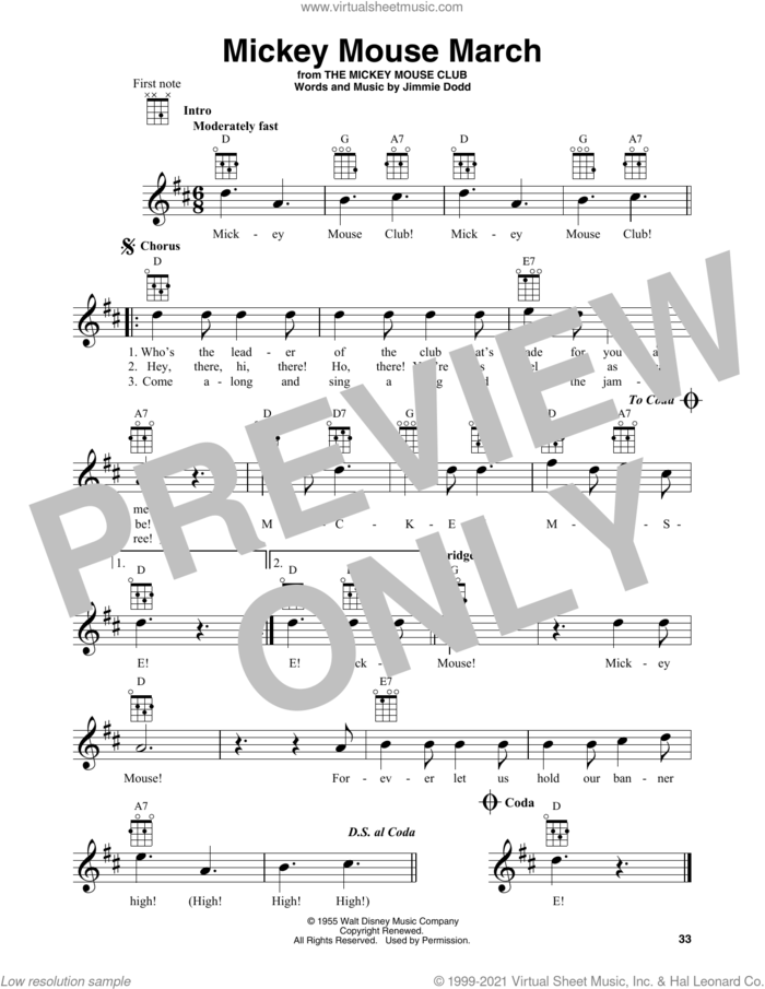 Mickey Mouse March (from The Mickey Mouse Club) sheet music for baritone ukulele solo by Jimmie Dodd, intermediate skill level