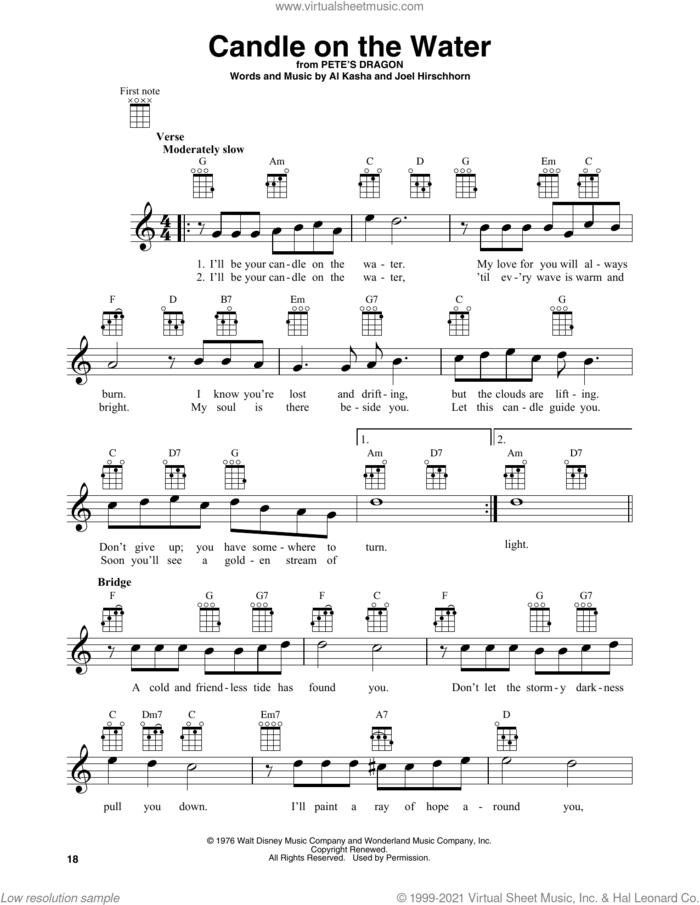 Candle On The Water (from Walt Disney's Pete's Dragon) sheet music for baritone ukulele solo by Al Kasha and Joel Hirschhorn, intermediate skill level