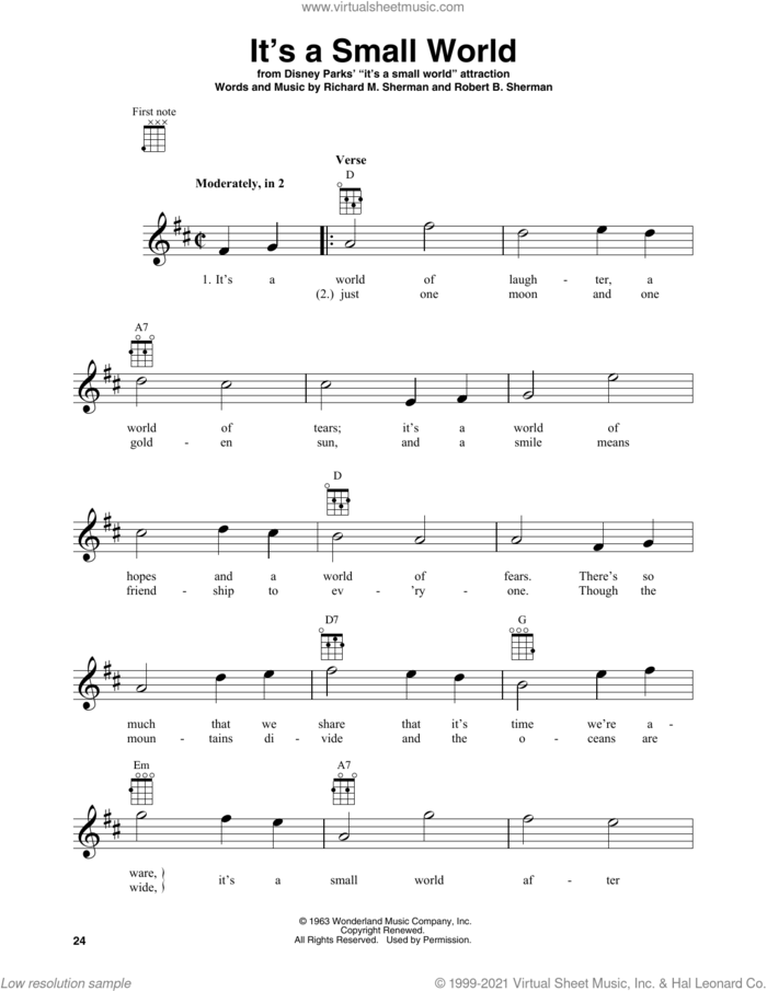 It's A Small World sheet music for baritone ukulele solo by Sherman Brothers, Richard M. Sherman and Robert B. Sherman, intermediate skill level