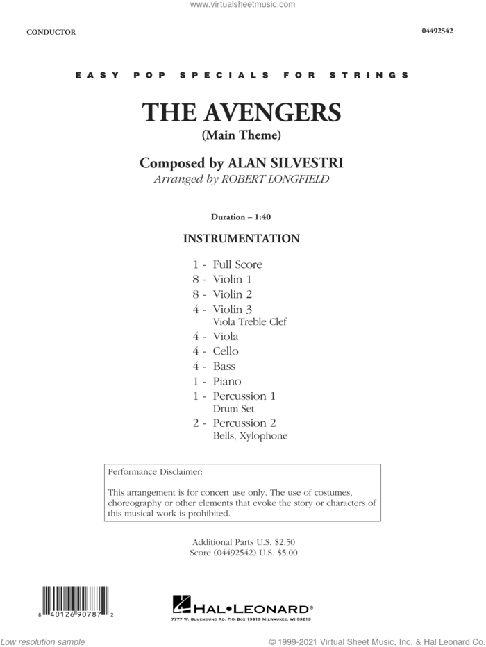 The Avengers (Main Theme) (arr. Robert Longfield) (COMPLETE) sheet music for orchestra by Alan Silvestri and Robert Longfield, intermediate skill level