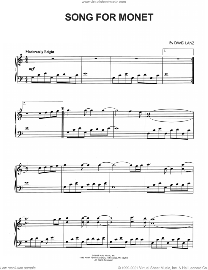 Song For Monet sheet music for piano solo by David Lanz, intermediate skill level