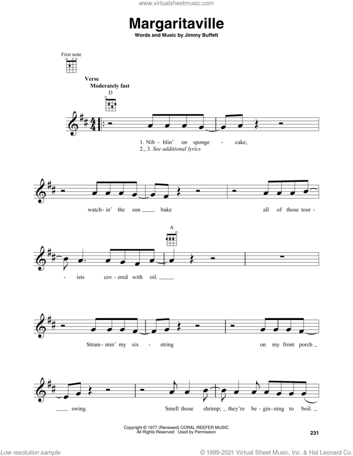 Margaritaville sheet music for baritone ukulele solo by Jimmy Buffett, intermediate skill level