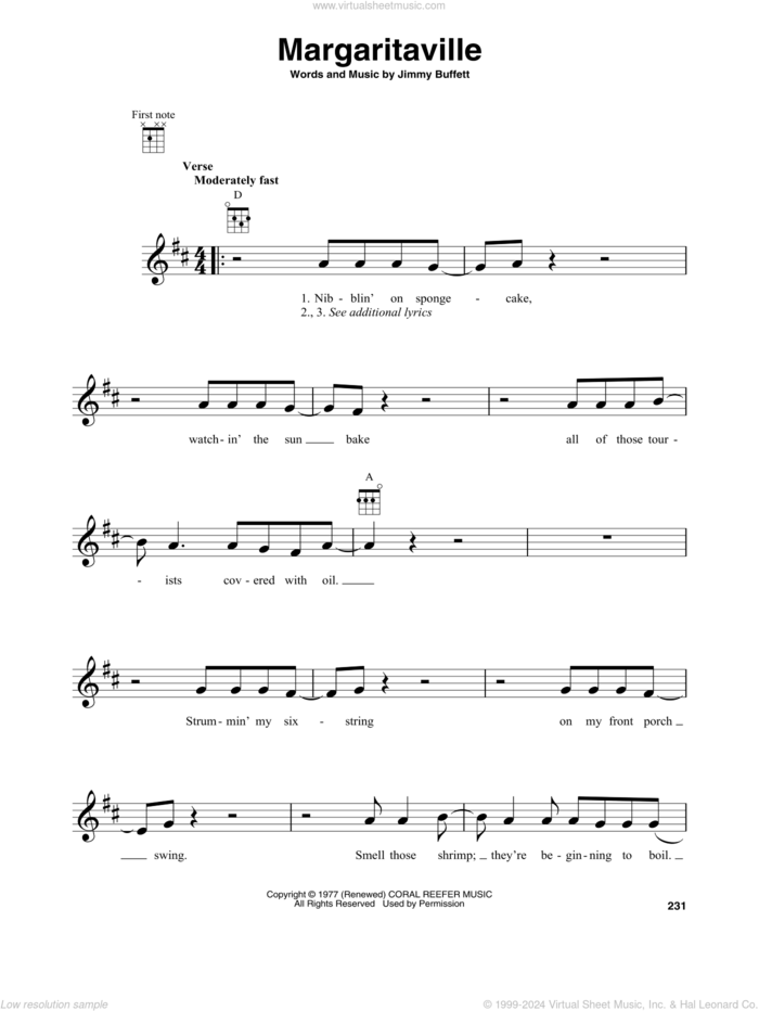 Margaritaville sheet music for baritone ukulele solo by Jimmy Buffett, intermediate skill level