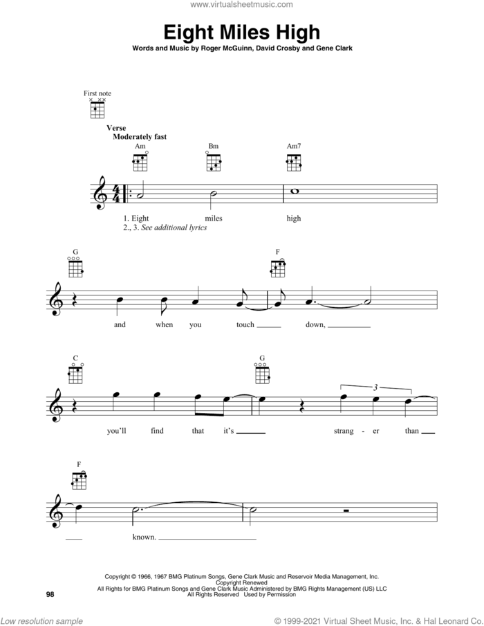 Eight Miles High sheet music for baritone ukulele solo by The Byrds, David Crosby, Gene Clark and Roger McGuinn, intermediate skill level