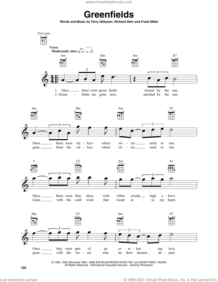 Greenfields sheet music for baritone ukulele solo by The Brothers Four, Frank Miller, Richard Dehr and Terry Gilkyson, intermediate skill level