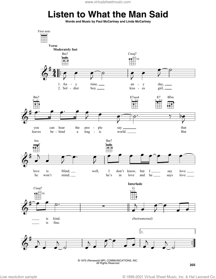 Listen To What The Man Said sheet music for baritone ukulele solo by Wings, Linda McCartney and Paul McCartney, intermediate skill level