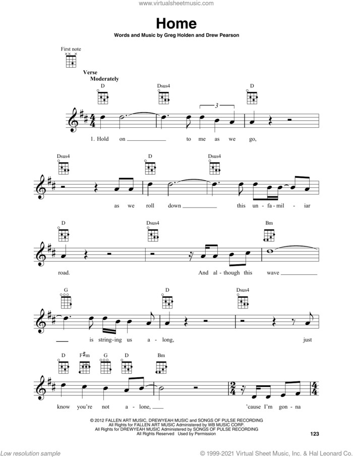 Home sheet music for baritone ukulele solo by Phillip Phillips, Drew Pearson and Greg Holden, intermediate skill level