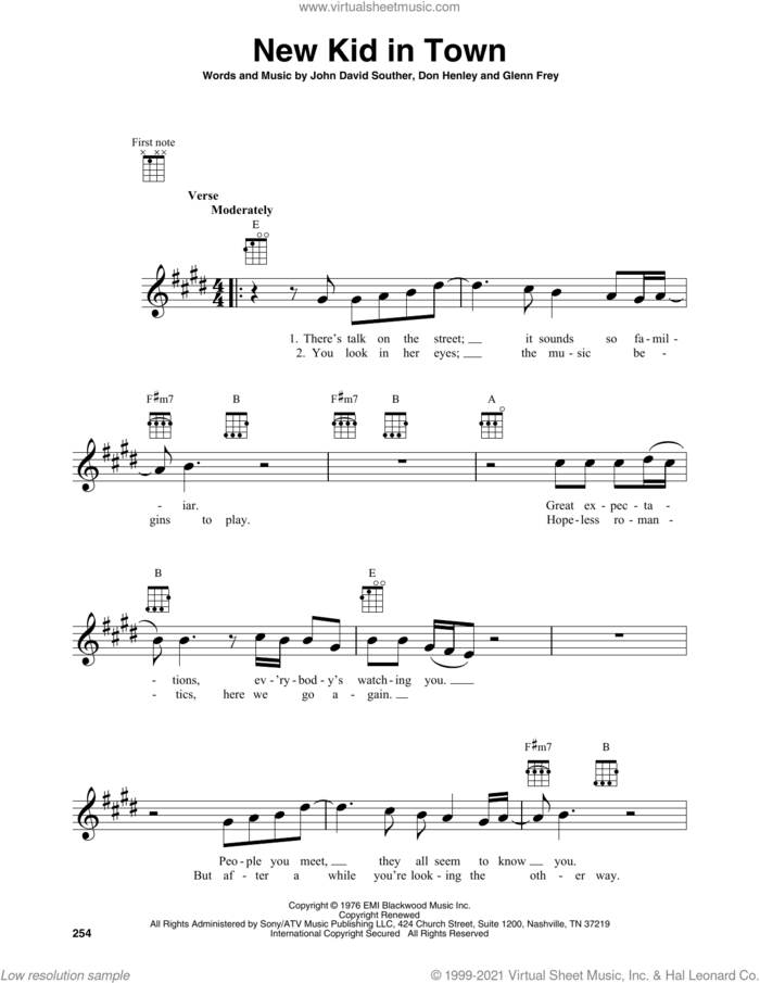 New Kid In Town sheet music for baritone ukulele solo by Don Henley, The Eagles, Glenn Frey and John David Souther, intermediate skill level