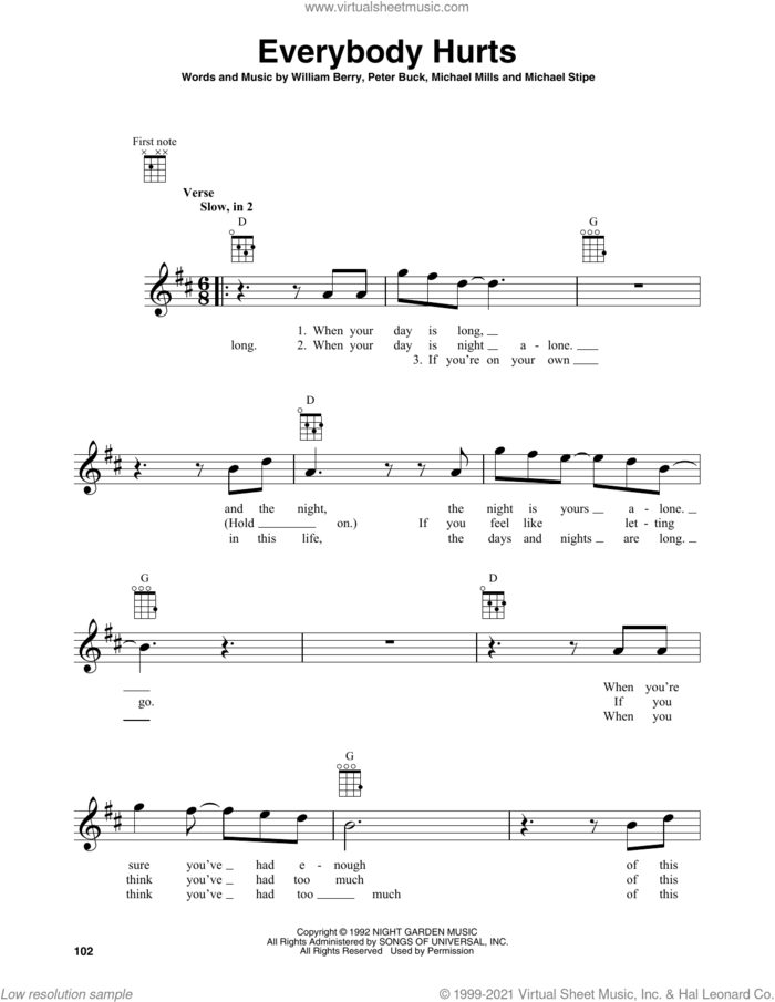 Everybody Hurts sheet music for baritone ukulele solo by R.E.M., Michael Stipe, Mike Mills, Peter Buck and William Berry, intermediate skill level