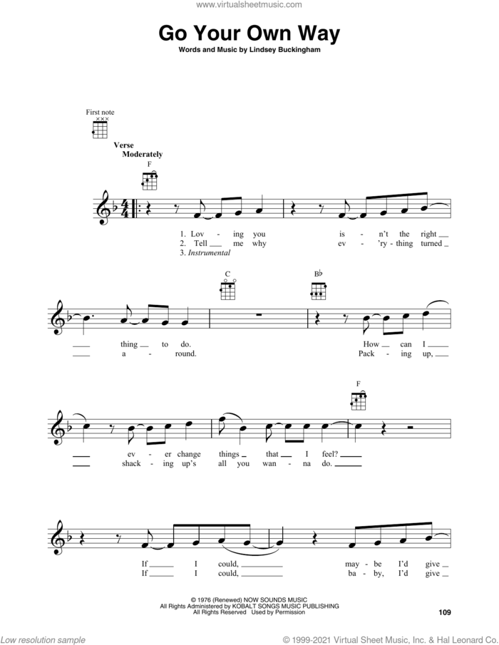 Go Your Own Way sheet music for baritone ukulele solo by Fleetwood Mac and Lindsey Buckingham, intermediate skill level