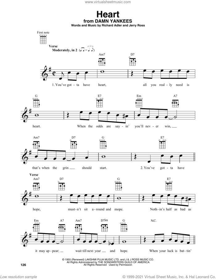 Heart (from Damn Yankees) sheet music for baritone ukulele solo by Richard Adler, Adler & Ross and Jerry Ross, intermediate skill level