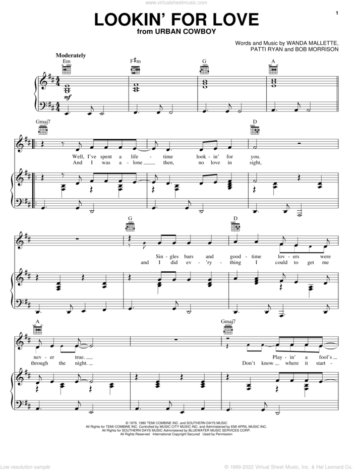Lookin' For Love sheet music for voice, piano or guitar by Johnny Lee, Bob Morrison, Patti Ryan and Wanda Mallette, intermediate skill level