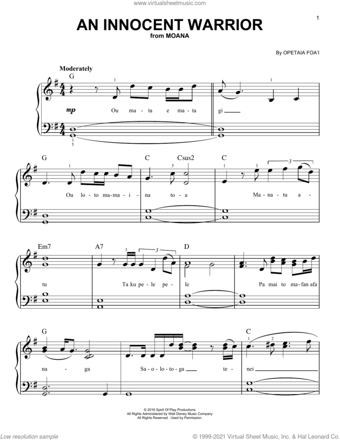 An Innocent Warrior (from Moana) sheet music for piano solo by Opetaia Foa'i, easy skill level