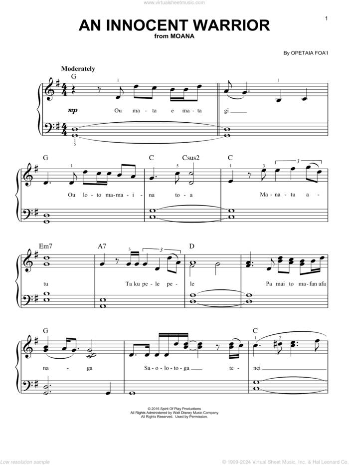 An Innocent Warrior (from Moana) sheet music for piano solo by Opetaia Foa'i, easy skill level