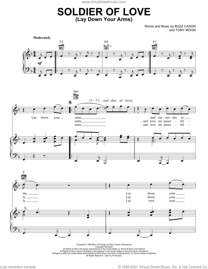 Soldier Of Love (Lay Down Your Arms) sheet music for voice, piano or guitar by The Beatles, Buzz Cason and Tony Moon, intermediate skill level