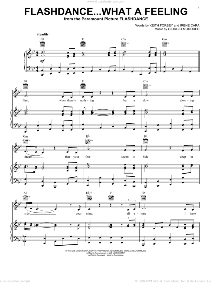 Flashdance...What A Feeling sheet music for voice, piano or guitar by Irene Cara, Giorgio Moroder and Keith Forsey, intermediate skill level