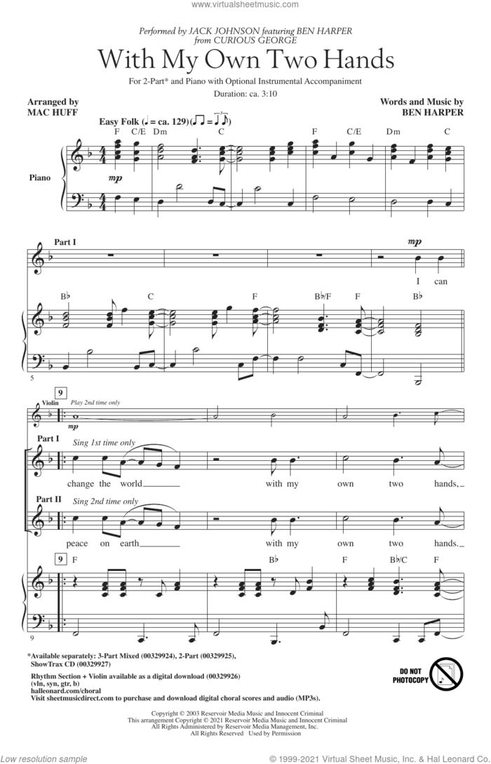 With My Own Two Hands (from Curious George) (arr. Mac Huff) sheet music for choir (2-Part) by Jack Johnson feat. Ben Harper, Mac Huff, Jack Johnson and Ben Harper, intermediate duet